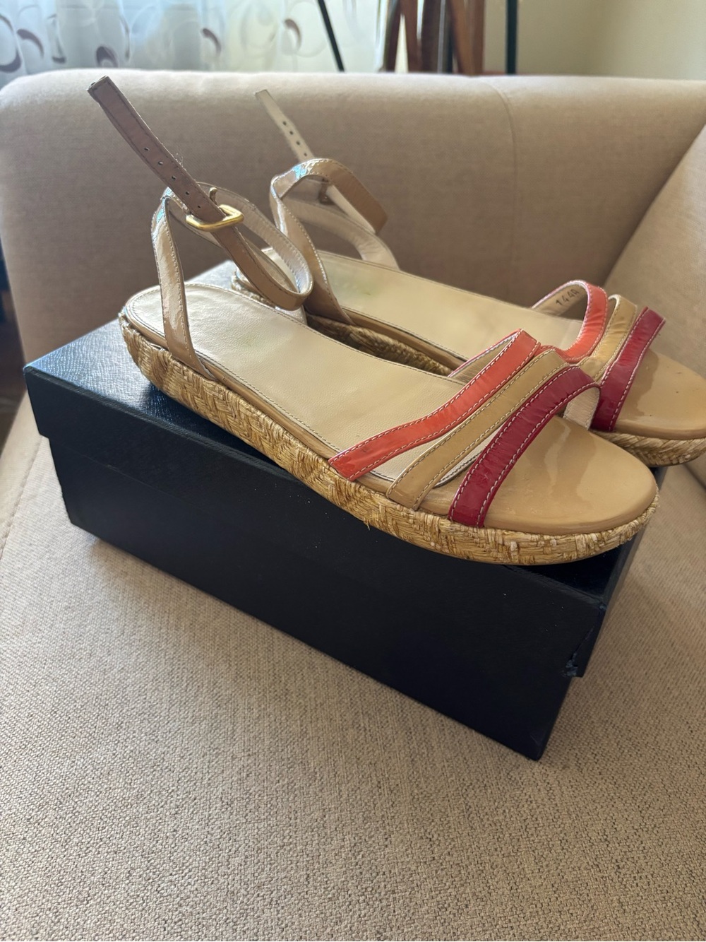 Prada Beige Wedges Sandals with Coral & Red Straps